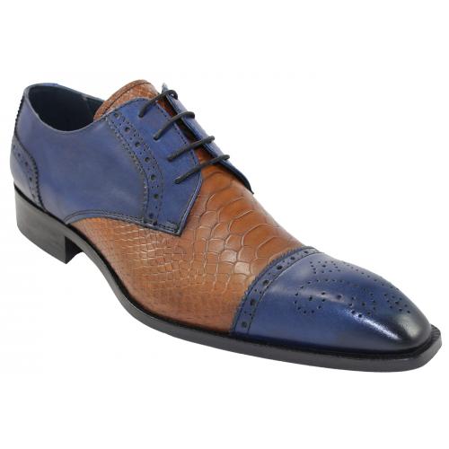 Duca Di Matiste 1111 Blue Genuine Italian Calfskin Leather / Cognac Snake Print Shoes.